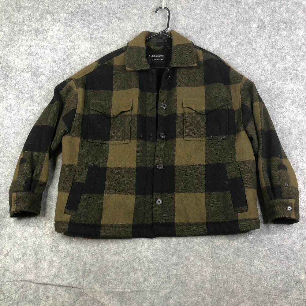 AllSaints Luella Check Jacket Plaid Green Black Large Sherpa Lined Size US 10